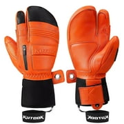 KUTOOK Ski Mittens Men Three Fingers Thermal 3M Thinsulate Waterproof Leather Snowboard Gloves with Pocket Snowmobile Glove Orange X-Large