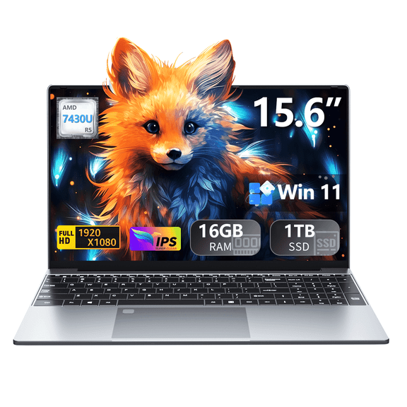 KUU 15.6" Laptop, Windows 11 Pro Laptop Computer, AMD Ryzen 5-7430U, Up to 4.3GHz 16GB DDR4 1TB SSD, Backlit, Fingerprint, Silver