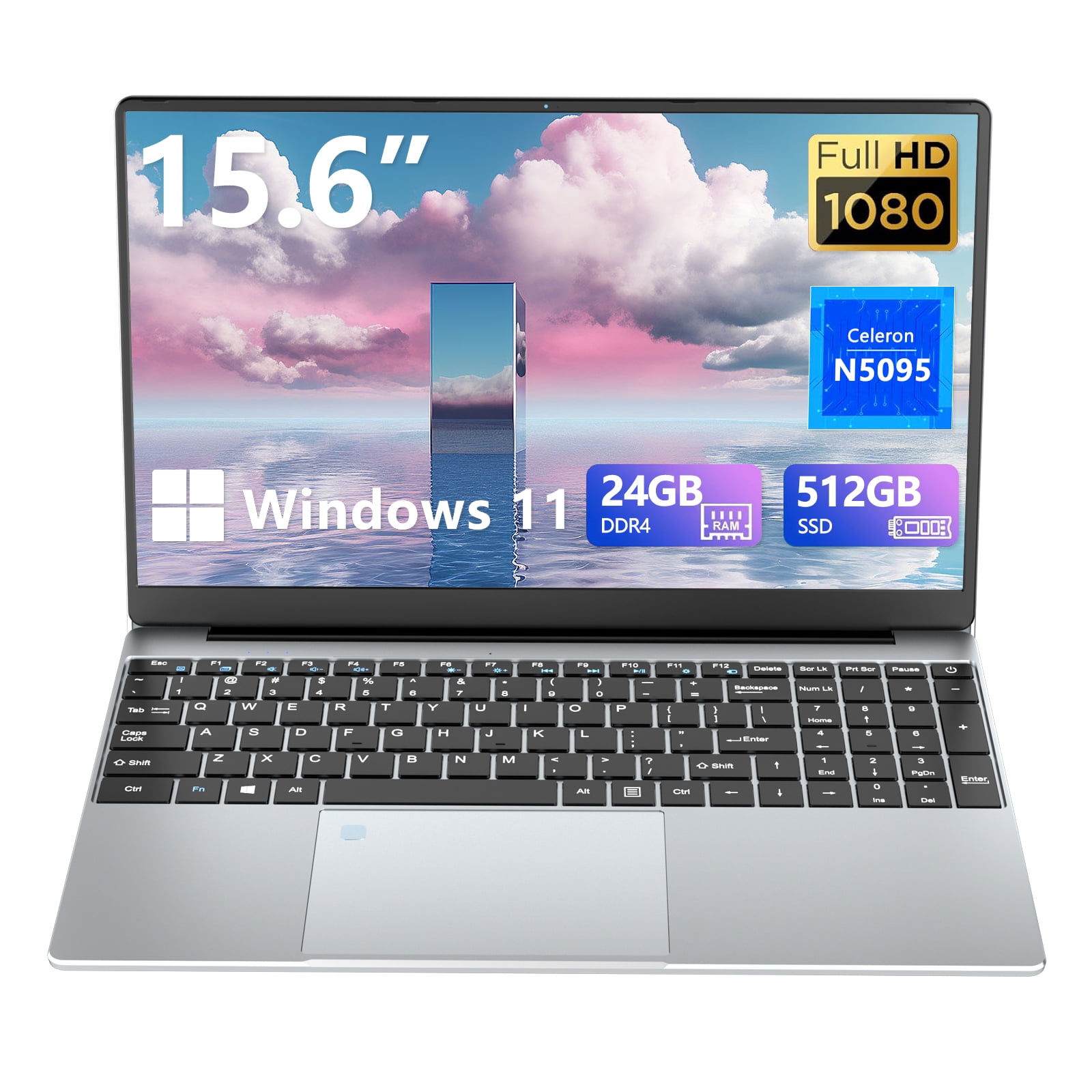 KUU 15.6-Inch Laptop with Intel Celeron N5095, 24GB RAM, 512GB SSD, Windows 11 Pro, FHD, Fingerprint, Backlit Keyboard