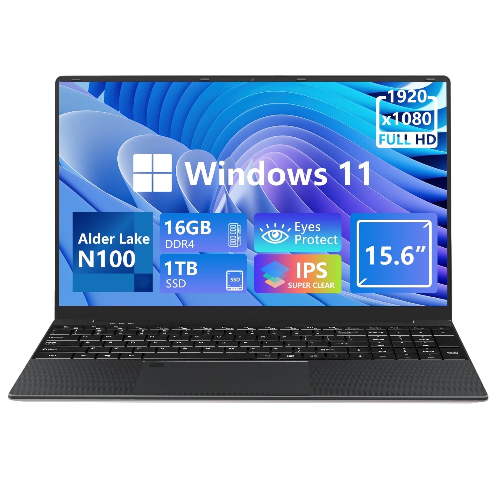 KUU 15.6" Laptop Intel N100, 16GB RAM, 1TB SSD, Windows 11 Work Computer, Fingerprint Reader, Backlit Keyboard,Silver