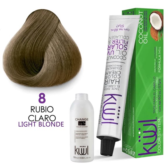 KUUL 8 RUBIO CLARO / LIGHT BLONDE - [1] Tinte | Hair Dye + [1] Peroxido ( 30 vol. 9% ) | Cream Developer Bundle