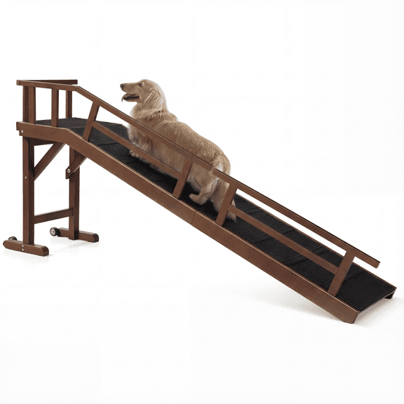 KUVETO Dog Ramp for Bed or Couch, Wooden Pet Ramp with 20 Gentle Slope, Removable Side Rails, Non-Slip Surface, Top Platform & Wheels, Safe Bed Ramp for Small, Medium & Senior Dogs, 73" Long, Walnut
