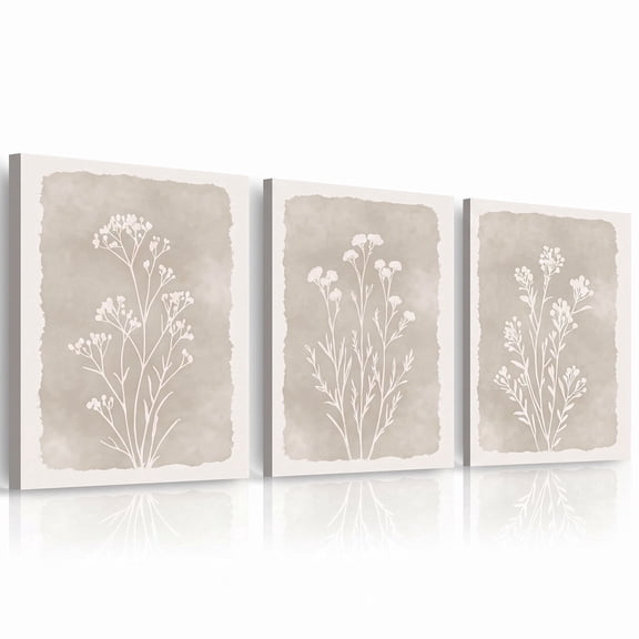 PORMIPONE Botanical Wall Art Set of 3, 16x24in Canvas, Neutral Wildflower Floral Prints, Boho Farmhouse Decor for Living Room Bedroom