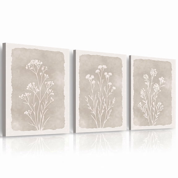 PORMIPONE Botanical Wildflower Wall Art (Set of 3) 16x24 inch Neutral Beige Gallery Wrapped Canvas for Living Room