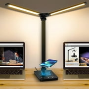 KUVRS LED Desk Lamp with Wireless Charger,Foldable Dual Swing Arm Dimmable Office Desk Light with USB Charging Port, 5 Lighting Modes, Touch Control, Auto Timer 30 / 60min, Eye-Caring Table Lamps