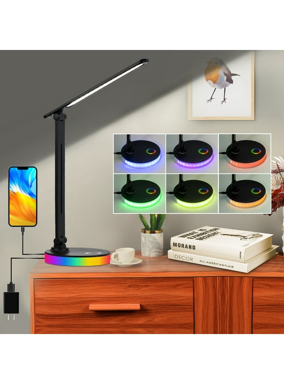 KUVRS LED RGB Desk Lamp,Touch Control Color RGB Eye-Caring Base Night Light and Foldable Swing Arm Light with USB Charging Port,Colorful Ambient Light Touch Table Lamp for Gaming,PC,Room Decoration