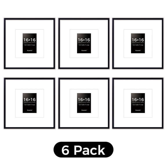 KUXERLA 16x16 Picture Frame Set of 6, Black - with 10x10 & 5x7 Mats , H/V Wall Mount for Gallery Wall Display