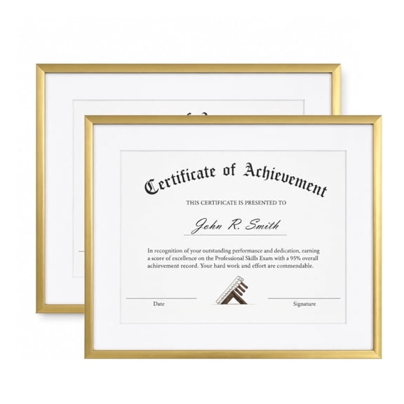 KUXERLA 2 Pack 11x14 Document Frame for 8.5x11 Certificate Photo,Light Gold 11 by 14 Picture Frame Display 8.5 by 11 Picture for Wall Hanging