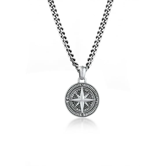KUZZOI Men 0.20" Compass Pendant Necklace Curb Chain 925 Silver