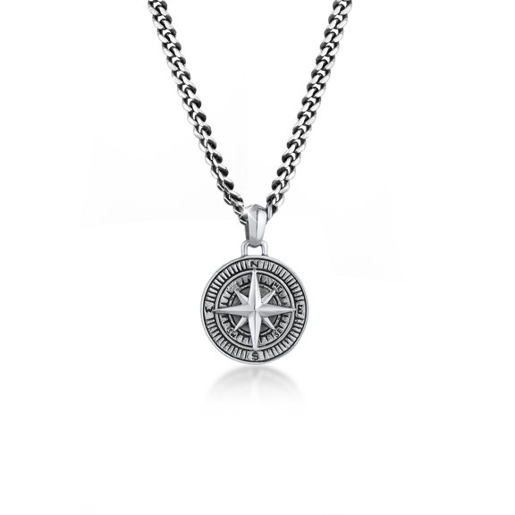 KUZZOI Men 0.20" Compass Pendant Necklace Curb Chain 925 Silver