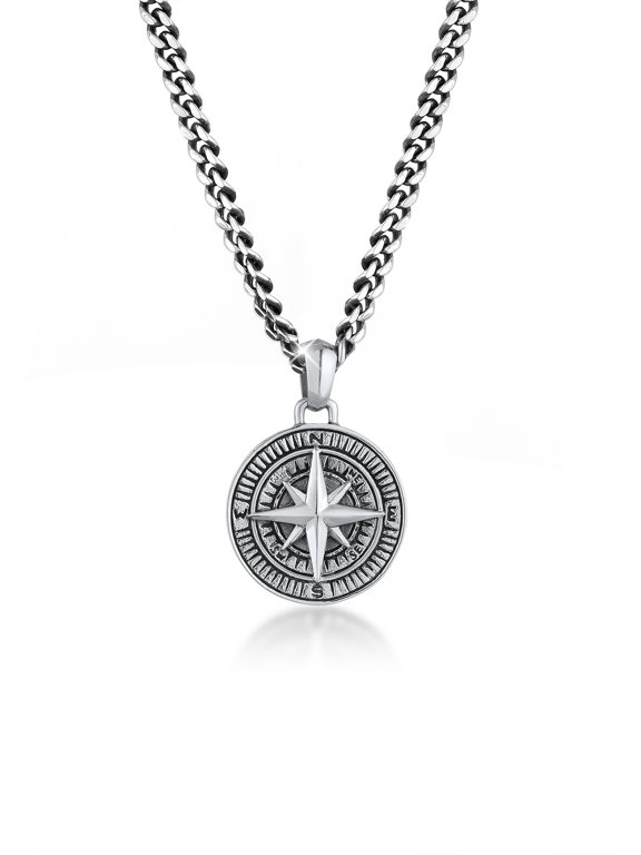 Men 0.20" Compass Pendant Necklace Curb Chain 925 Silver