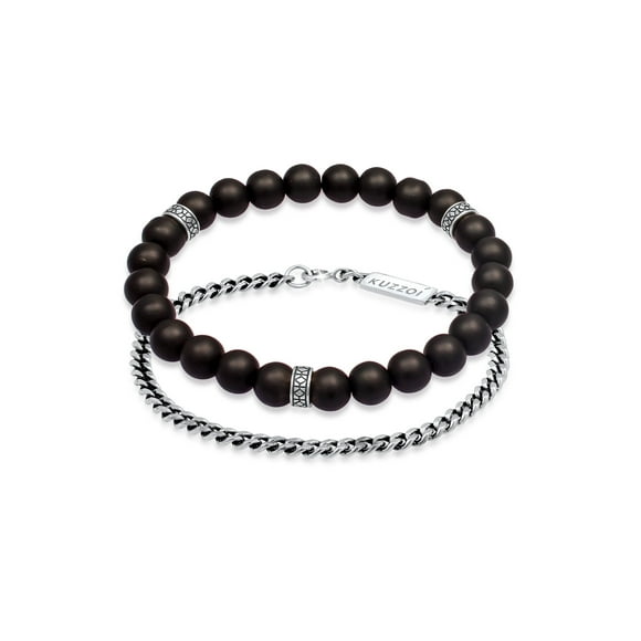 KUZZOI Men 925 Sterling Silver Cuban Chain, Onyx Bracelet Set 7.48-9.05 inch