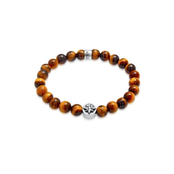 KUZZOI Men Round Tigereye Stone Bracelet with Compass Bead 7.48-9.05 inch