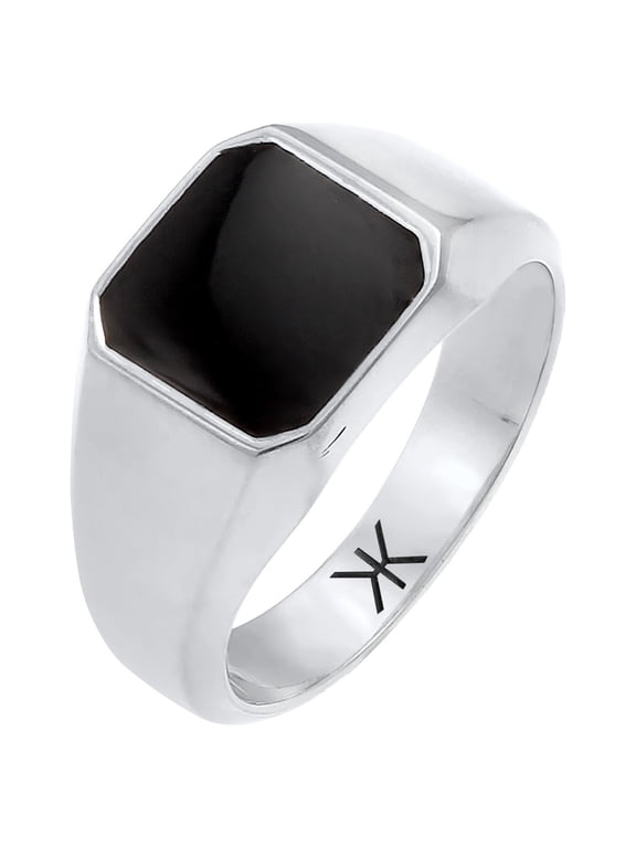 Men's Classic Black Enamel Plate Signet Ring 925 Silver Size 7-11