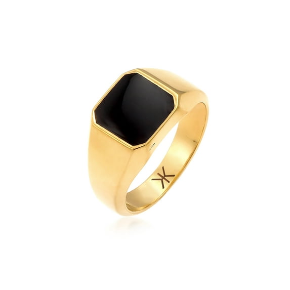 KUZZOI Men's Classic Black Enamel Plate Signet Ring Silver 18K Gold Plated