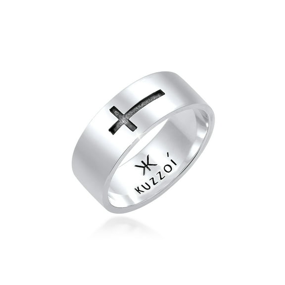 KUZZOI Men's Cross and Brushed Band Ring 925 Silver Size 9-11