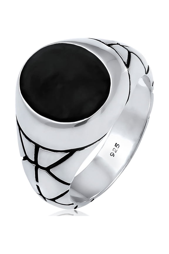 Men's Enamel Inlay Plate Oval Shaped Signet Ring 925 Silver Size 7-11