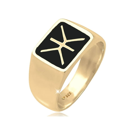 KUZZOI Men's Enamel Inlay Plate Signet Ring with Logo Silver 18K Gold Plated