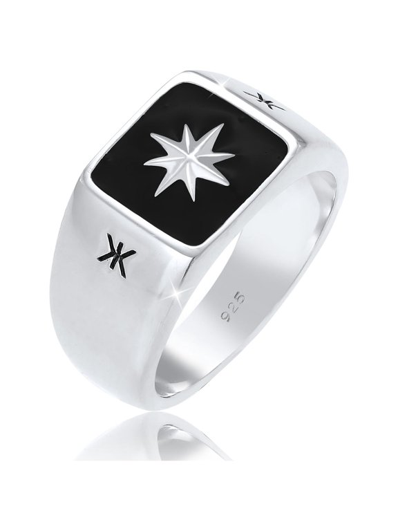 Men's Enamel Inlay Plate Signet Ring with Star 925 Silver Size 7-11