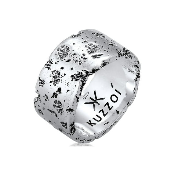 KUZZOI Men's Hammered Brushed Finish Band Ring Oxidized 925 Silver Size 9-11