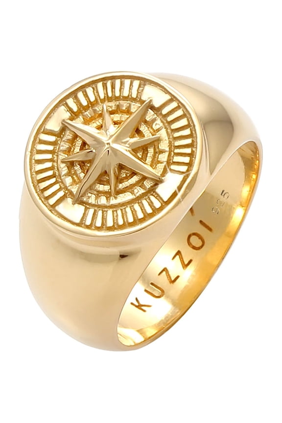 Men's Signet Ring Compass 925 Silver 14K Gold Plated Size 9-11