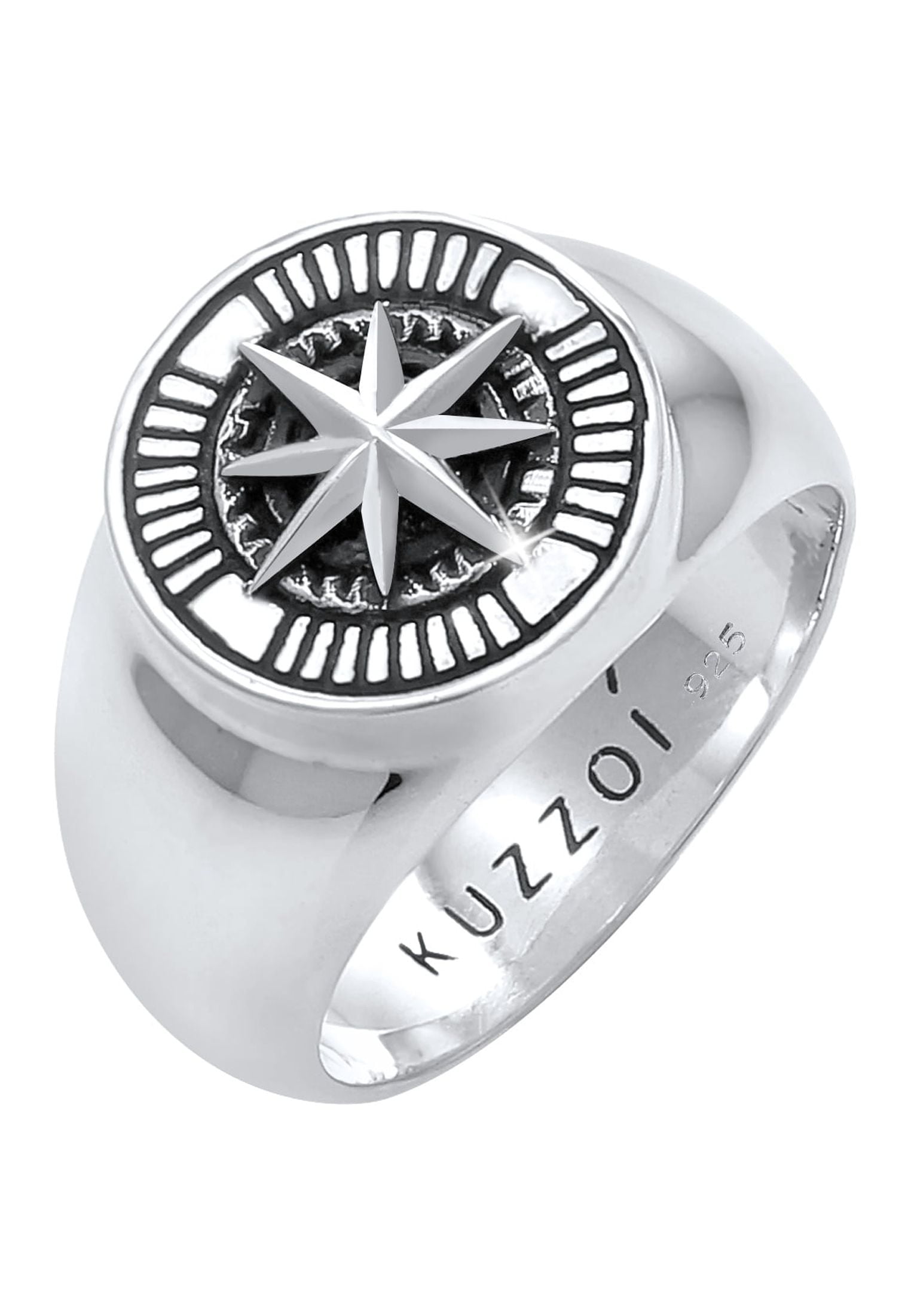 9-11 925 KUZZOI Ring 14K Size Men\'s Compass Gold Plated Signet Silver