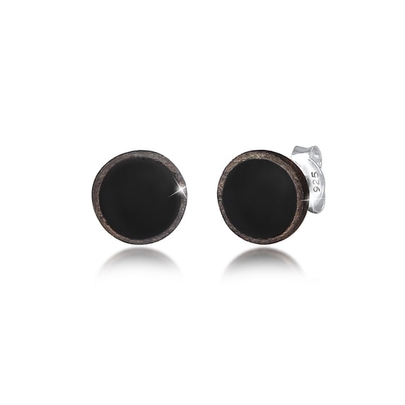 KUZZOI Mens Round Emaille Stud Earring 925 Sterling Silver oxidized