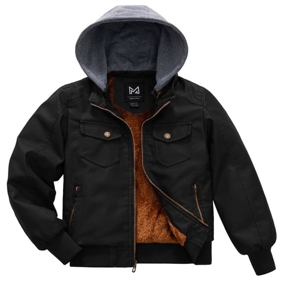KVE Boy's Faux Leather Jacket Windproof Fleece Lined Warm Winter Coat Kids Bomber Outerwear PU Motorcycle Hooded Jacket Black 6-7