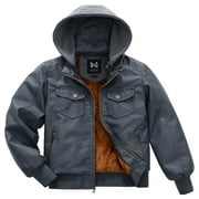 KVE Boy's Faux Leather Jacket Windproof Fleece Lined Warm Winter Coat Kids Bomber Outerwear PU Motorcycle Hooded Jacket Dark Grey 6-7