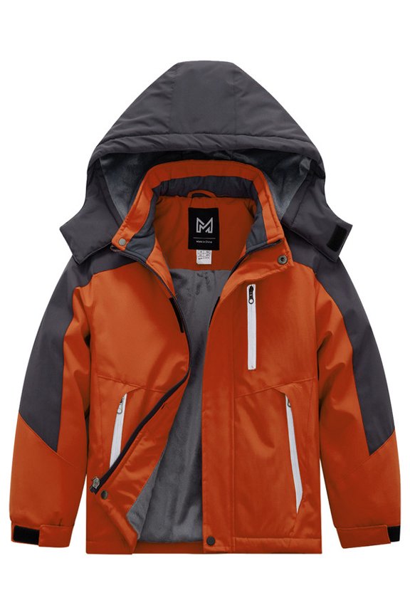 Boys' Waterproof Ski Jacket Outdoor Recreation Thick Winter Coat Hooded Raincoats Orange and Dark Grey 8