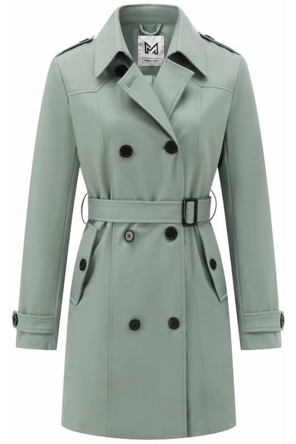 Classic Women's Trench Coat, Mid-Length Belted Windproof Double Breasted Overcoat Jacket Green Large
