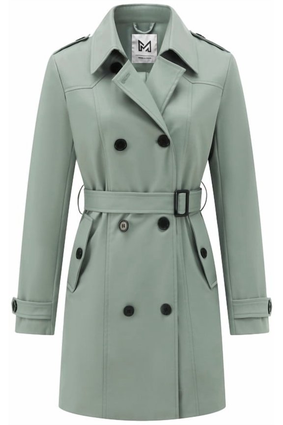 Classic Women's Trench Coat, Mid-Length Belted Windproof Double Breasted Overcoat Jacket Green Small