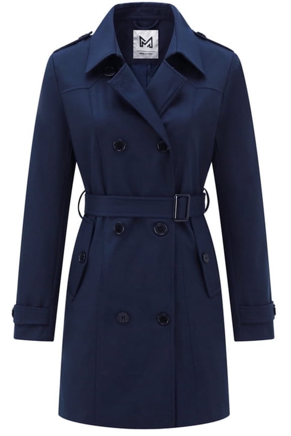 Classic Women's Trench Coat, Mid-Length Belted Windproof Double Breasted Overcoat Jacket Navy Medium