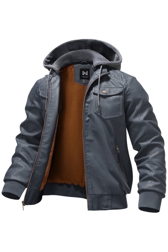 Men's Faux Leather Jacket Waterproof Motorcycle Bomber Jacket Vintage PU Moto Biker Coat Dark Grey Medium