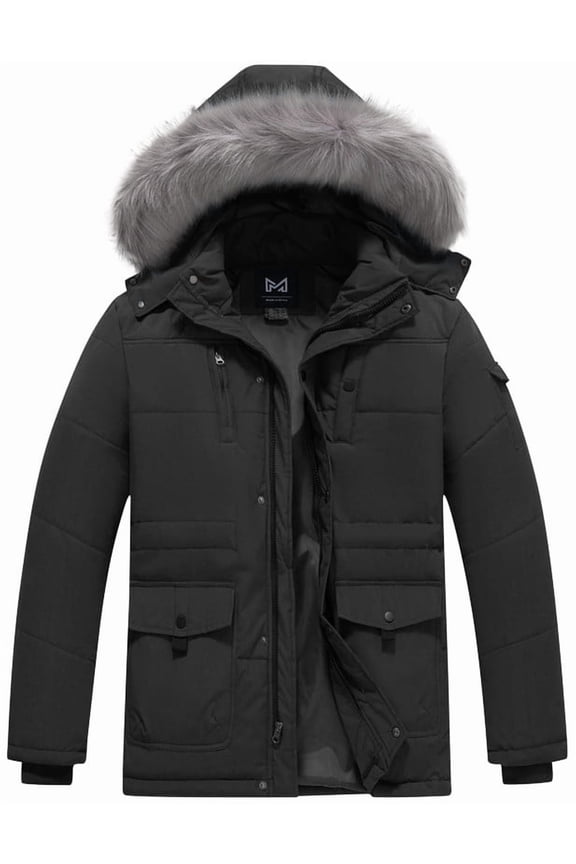 Men's Hooded Warm Coat Thickened Padded Heavyweight Winter Parka Jacket with Detachable Fur Hood Black L