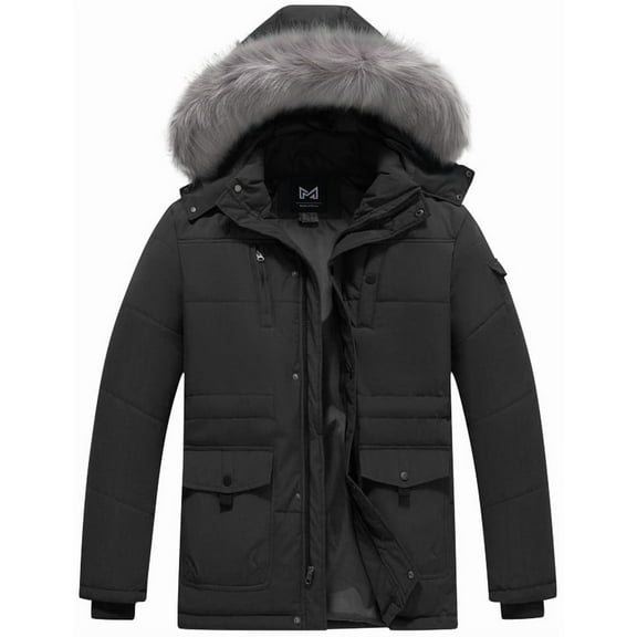KVE Men's Hooded Warm Coat Thickened Padded Heavyweight Winter Parka Jacket with Detachable Fur Hood Black XL