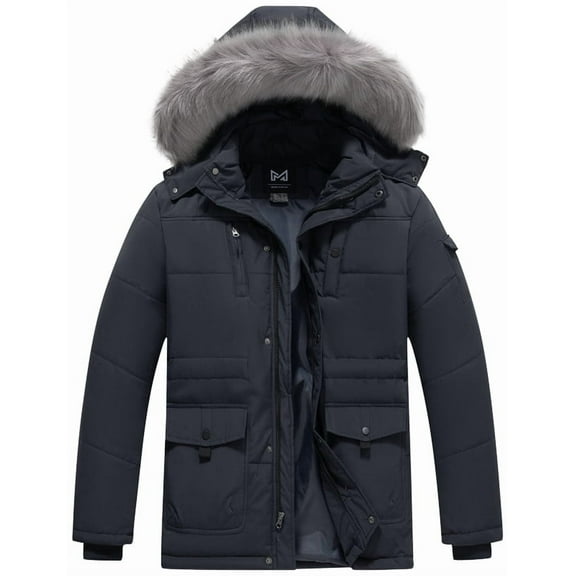 KVE Men's Hooded Warm Coat Thickened Padded Heavyweight Winter Parka Jacket with Detachable Fur Hood Dark Grey L