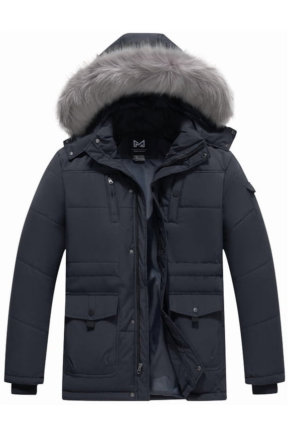 Men's Hooded Warm Coat Thickened Padded Heavyweight Winter Parka Jacket with Detachable Fur Hood Dark Grey L