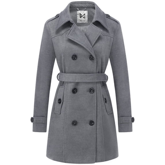 KVE Women's Classic Double Breasted Pea Coat Winter Mid-Long Slim Trench Coat with Belt Grey Large