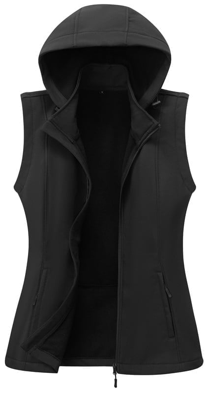 KVE Women's Hooded Softshell Vest Fleece Lined Windproof Zip Up Sleeveless Jacket Lightweight Coat for Running Black X-Large