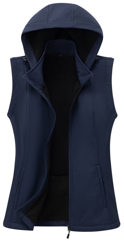 KVE Women's Hooded Softshell Vest Fleece Lined Windproof Zip Up Sleeveless Jacket Lightweight Coat for Running Navy X-Large