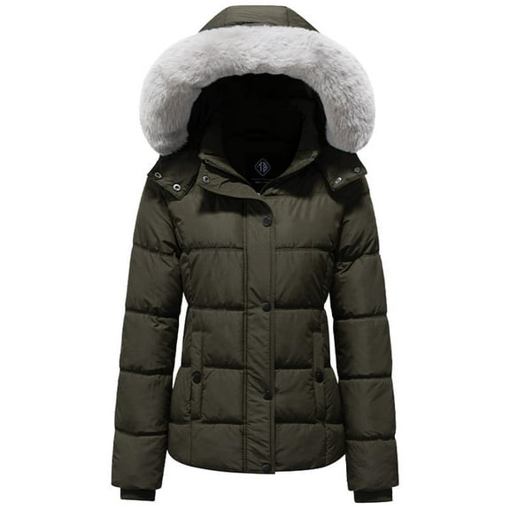 KVE Women's Hooded Warm Winter Coat Quilted Thicken Puffer Jacket with Removable Hood Army Green Small