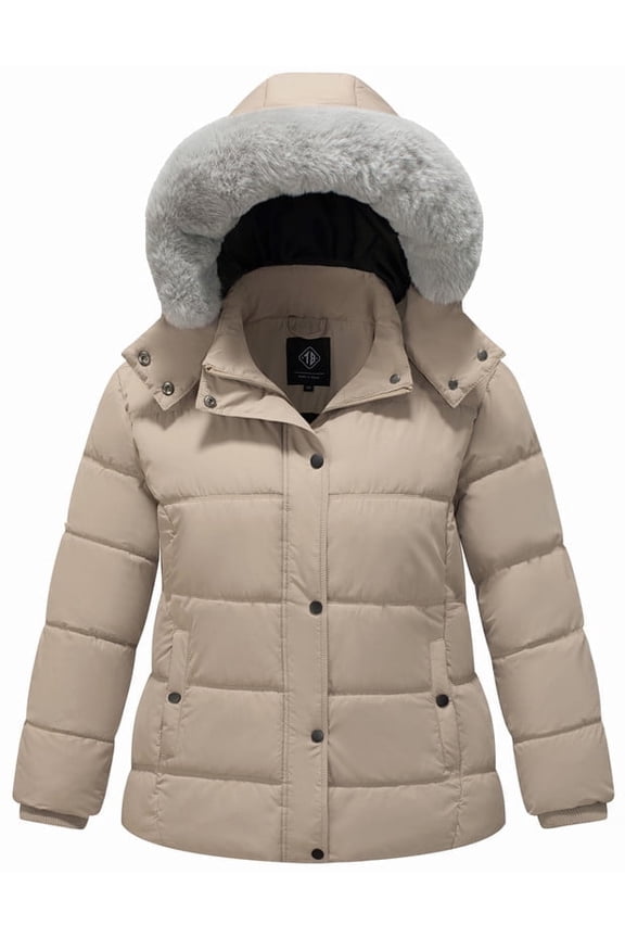 Women's Plus Size Hooded Warm Winter Coat Quilted Thicken Puffer Jacket with Removable Hood khaki 4X