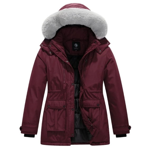 KVE Women's Plus Size Quilted Winter Coat Warm Puffer Jacket Thicken Parka with Removable Hood Burgundy Red 2X