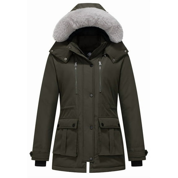 KVE Women's Quilted Winter Coat Warm Puffer Jacket Thicken Parka with Removable Hood Army Green Medium