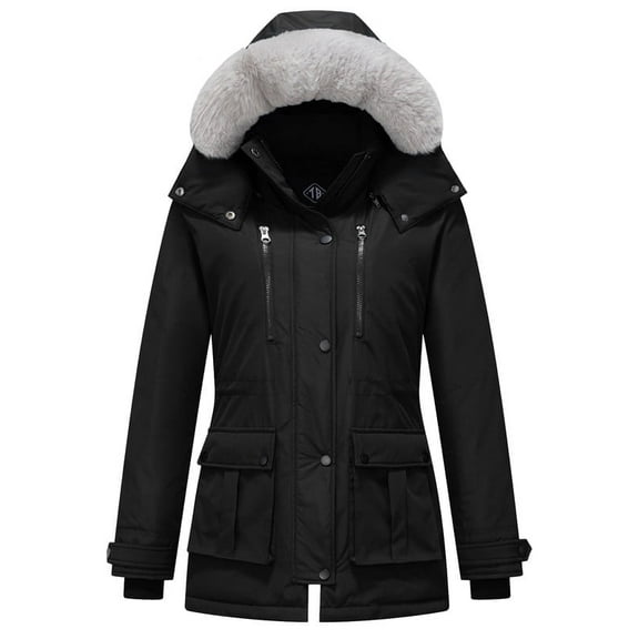 KVE Women's Quilted Winter Coat Warm Puffer Jacket Thicken Parka with Removable Hood Black Large