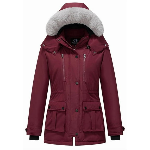 KVE Women's Quilted Winter Coat Warm Puffer Jacket Thicken Parka with Removable Hood Burgundy Red Small