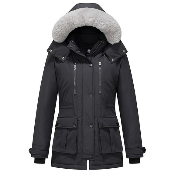 KVE Women's Quilted Winter Coat Warm Puffer Jacket Thicken Parka with Removable Hood Dark Grey Medium