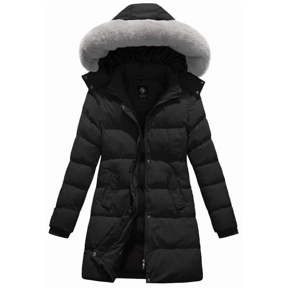 KVE Women's Winter Thicken Puffer Coat Warm Snow Jacket with Faux Fur Removable Hood Black Medium