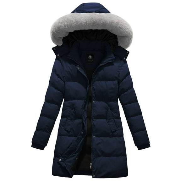 KVE Women's Winter Thicken Puffer Coat Warm Snow Jacket with Faux Fur Removable Hood Navy Small